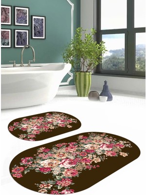 Napoli Home Dijital Yıkanabilir Renkli Çiçek Desenli Oval Banyo Paspası Klozet Takımı, Klozet-66-Kahve,