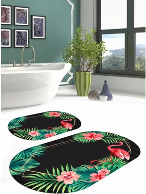 Napoli Home Dijital Yıkanabilir Renkli Flamingo Desenli Oval Banyo Paspası Klozet Takımı, Klozet-67-Antrasit,