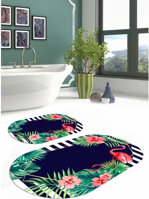 Napoli Home Dijital Yıkanabilir Renkli Flamingo Desenli Oval Banyo Paspası Klozet Takımı, Klozet-67-Lacivert,