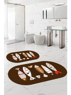 Napoli Home Dijital Yıkanabilir Renkli Balık Desenli Oval Banyo Paspası Klozet Takımı, Klozet-69-Kahve,