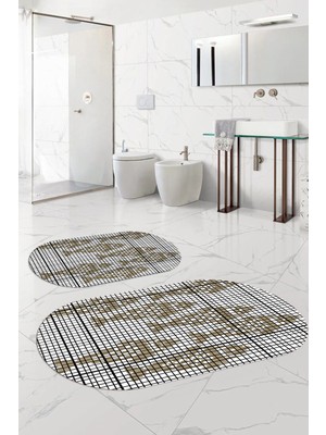 Napoli Home Dijital Yıkanabilir Kaymaz Balık Modelli Oval Banyo Paspası Klozet Takımı, Klozet-70-Bej,