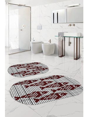 Napoli Home Dijital Yıkanabilir Kaymaz Balık Modelli Oval Banyo Paspası Klozet Takımı, Klozet-70-Bordo,