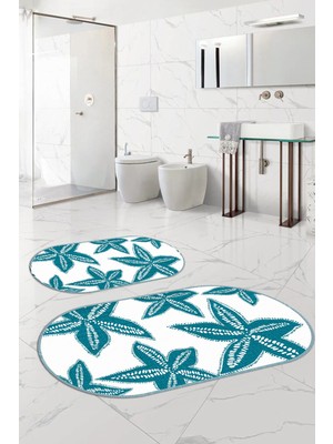 Napoli Home Dijital Yıkanabilir Kaymaz Deniz Yıldızı Oval Banyo Paspası Klozet Takımı, Klozet-71-Turkuaz,