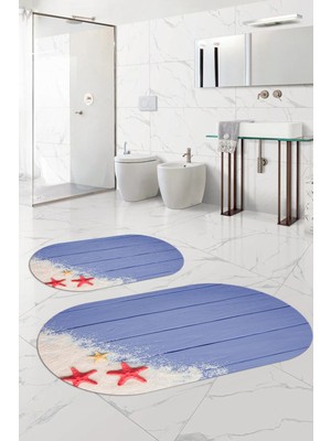 Napoli Home Dijital Yıkanabilir Modern Deniz Yıldızı Oval Banyo Paspası Klozet Takımı, Klozet-72-Mor,