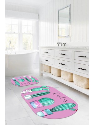 Napoli Home Dijital Baskılı Yıkanabilir Kaymaz Kaktüs Model Oval Banyo Paspası Klozet Takımı, Klozet-76-Pembe,