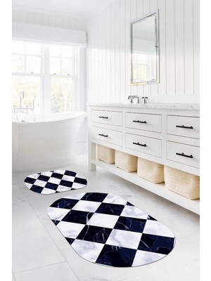 Napoli Home Dijital Yıkanabilir Mermer Zemin Desenli Oval Banyo Paspası Klozet Takımı, Klozet-78-Lacivert,