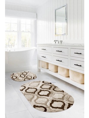 Napoli Home Dijital Baskılı Yıkanabilir Kaymaz Kupa Modelli Oval Banyo Paspası Klozet Takımı, Klozet-79-Kahve,