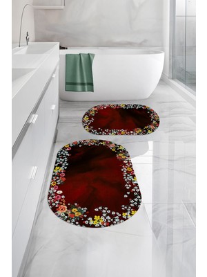 Napoli Home Dijital Yıkanabilir Renkli Çiçek Desenli Oval Banyo Paspası Klozet Takımı, Klozet-90-Bordo,