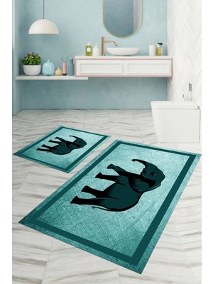 Napoli Home Dijital Baskılı Yıkanabilir Kaymaz Fil Figürlü Banyo Paspası Klozet Takımı, Klozet-58-Turkuaz,