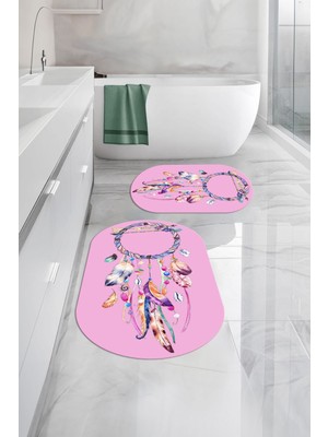 Napoli Home Dijital Yıkanabilir Kaymaz Kuş Tüyü Desenli Oval Banyo Paspası Klozet Takımı, Klozet-92-Pembe,