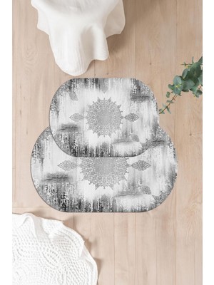 Napoli Home Dijital Yıkanabilir Sade Vektörel Desenli Oval Banyo Paspası Klozet Takımı, Klozet-95-Gri,