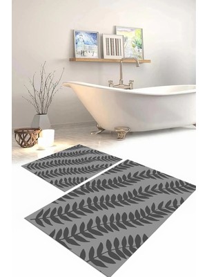 Napoli Home Dijital Baskılı Yıkanabilir Kaymaz Yaprak Desenli Banyo Paspası Klozet Takımı, Klozet-74-Gri,