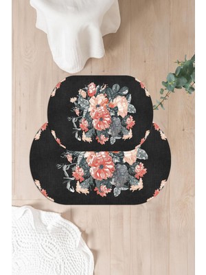 Napoli Home Dijital Baskılı Yıkanabilir Kaymaz Çiçek Detaylı Oval Banyo Paspası Klozet Takımı, Klozet-99-Gri,