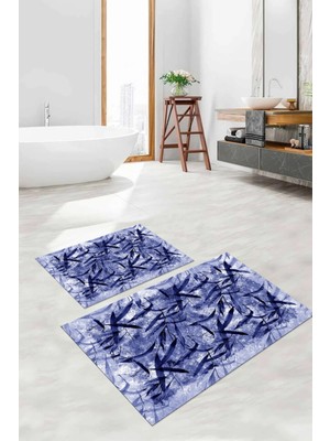 Napoli Home Dijital Baskılı Yıkanabilir Kaymaz Yaprak Motifli Banyo Paspası Klozet Takımı, Klozet-85-Lacivert,