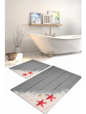 Napoli Home Dijital Baskılı Yıkanabilir Modern Deniz Yıldızı Banyo Paspası Klozet Takımı, Klozet-72-Gri,