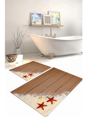 Napoli Home Dijital Baskılı Yıkanabilir Modern Deniz Yıldızı Banyo Paspası Klozet Takımı, Klozet-72-Kahve,