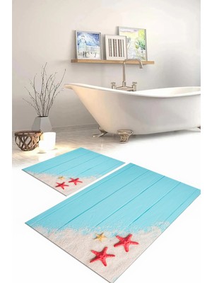 Napoli Home Dijital Baskılı Yıkanabilir Modern Deniz Yıldızı Banyo Paspası Klozet Takımı, Klozet-72-Turkuaz,