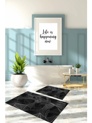 Napoli Home Dijital Baskılı Yıkanabilir Geometrik Desenli Banyo Paspası Klozet Takımı, Klozet-87-Gri,