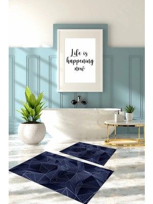 Napoli Home Dijital Baskılı Yıkanabilir Geometrik Desenli Banyo Paspası Klozet Takımı, Klozet-87-Lacivert,