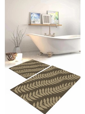 Napoli Home Dijital Baskılı Yıkanabilir Kaymaz Yaprak Desenli Banyo Paspası Klozet Takımı, Klozet-74-Bej,