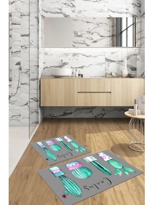 Napoli Home Dijital Baskılı Yıkanabilir Kaymaz Kaktüs Model Banyo Paspası Klozet Takımı, Klozet-76-Gri,
