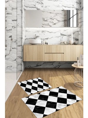 Napoli Home Dijital Baskılı Yıkanabilir Mermer Zemin Desenli Banyo Paspası Klozet Takımı, Klozet-78-Siyah,