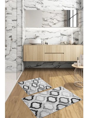 Napoli Home Dijital Baskılı Yıkanabilir Kaymaz Kupa Modelli Banyo Paspası Klozet Takımı, Klozet-79-Gri,