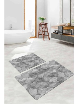 Napoli Home Dijital Baskılı Yıkanabilir Kaymaz Kupa Desenli Banyo Paspası Klozet Takımı, Klozet-81-Gri,