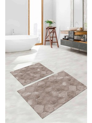 Napoli Home Dijital Baskılı Yıkanabilir Kaymaz Kupa Desenli Banyo Paspası Klozet Takımı, Klozet-81-Vizon,