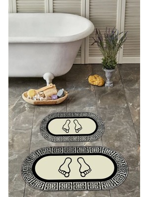 Napoli Home Dijital Yıkanabilir Çerçeveli Ayak Baskılı Oval Banyo Paspası Klozet Takımı, Klozet-52-Krem,