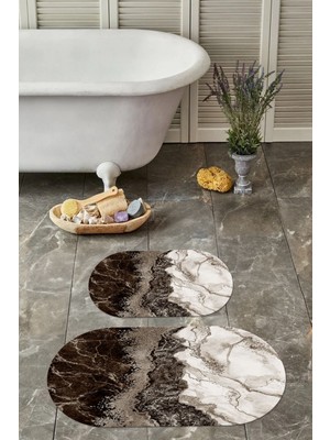 Napoli Home Dijital Yıkanabilir Kaymaz Mermer Model Oval Banyo Paspası Klozet Takımı, Klozet-55-Kahve,