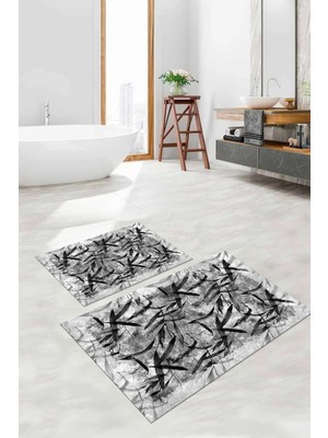 Napoli Home Dijital Baskılı Yıkanabilir Kaymaz Yaprak Motifli Banyo Paspası Klozet Takımı, Klozet-85-Gri,