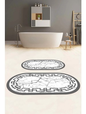 Napoli Home Dijital Yıkanabilir Çerçeveli Mermer Model Oval Banyo Paspası Klozet Takımı, Klozet-57-Gri,