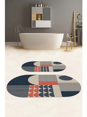 Napoli Home Dijital Yıkanabilir Kaymaz Modern Desen Oval Banyo Paspası Klozet Takımı, Klozet-59-Lacivert,