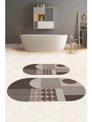 Napoli Home Dijital Yıkanabilir Kaymaz Modern Desen Oval Banyo Paspası Klozet Takımı, Klozet-59-Vizon,