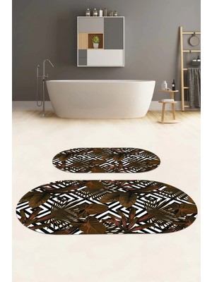 Napoli Home Dijital Baskılı Yıkanabilir Klasik Çiçek Desenli Oval Banyo Paspası Klozet Takımı, Klozet-60-Kahve,