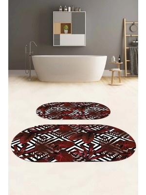 Napoli Home Dijital Yıkanabilir Klasik Çiçek Desenli Oval Banyo Paspası Klozet Takımı, Klozet-60-Kırmızı,