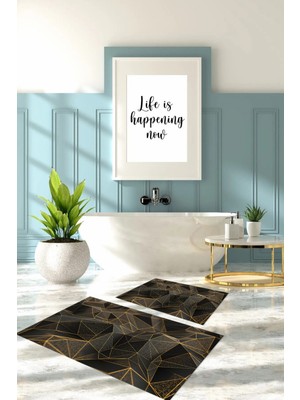 Napoli Home Dijital Baskılı Yıkanabilir Geometrik Desenli Banyo Paspası Klozet Takımı, Klozet-87-Gold,