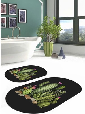 Napoli Home Dijital Yıkanabilir Kaymaz Kaktüs Desenli Oval Banyo Paspası Klozet Takımı, Klozet-63-Antrasit,