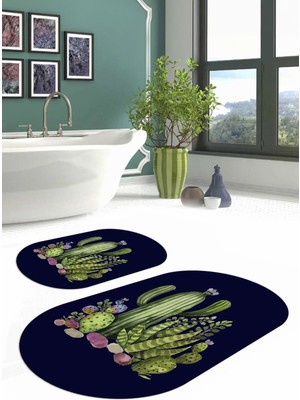 Napoli Home Dijital Yıkanabilir Kaymaz Kaktüs Desenli Oval Banyo Paspası Klozet Takımı, Klozet-63-Lacivert,