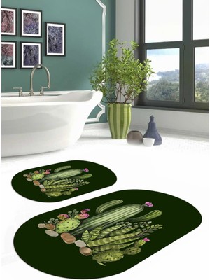 Napoli Home Dijital Yıkanabilir Kaymaz Kaktüs Desenli Oval Banyo Paspası Klozet Takımı, Klozet-63-Yeşil,