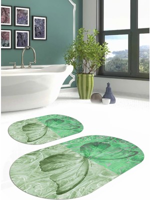 Napoli Home Dijital Yıkanabilir Renkli Kelebek Model Oval Banyo Paspası Klozet Takımı, Klozet-64-Yeşil,