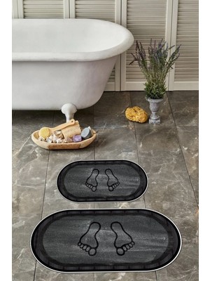 Napoli Home Dijital Baskı Yıkanabilir Kaymaz Ayak Baskılı Oval Banyo Paspası Klozet Takımı, Klozet-51-Antrasit,
