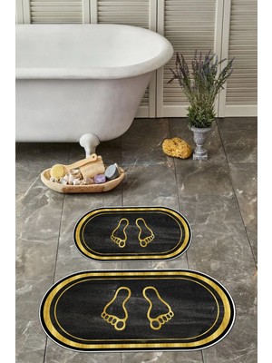 Napoli Home Dijital Baskılı Yıkanabilir Kaymaz Ayak Baskılı Oval Banyo Paspası Klozet Takımı, Klozet-51-Gold,