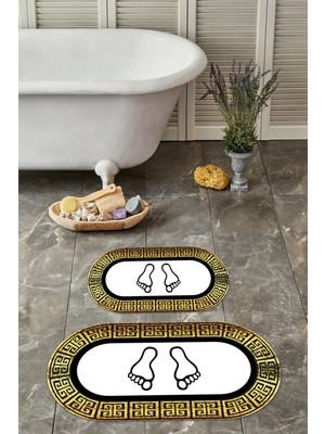Napoli Home Dijital Yıkanabilir Çerçeveli Ayak Baskılı Oval Banyo Paspası Klozet Takımı, Klozet-52-Gold,