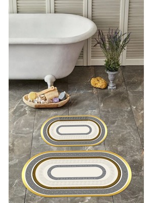 Napoli Home Dijital Yıkanabilir Kaymaz Klasik Model Oval Banyo Paspası Klozet Takımı, Klozet-53-Gold,