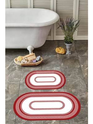 Napoli Home Dijital Yıkanabilir Kaymaz Klasik Model Oval Banyo Paspası Klozet Takımı, Klozet-53-Kırmızı,