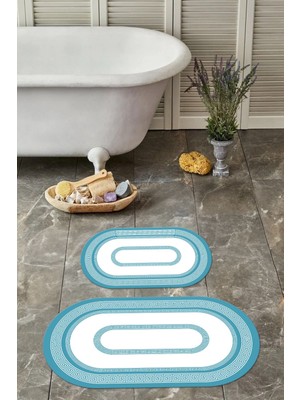 Napoli Home Dijital Yıkanabilir Kaymaz Klasik Model Oval Banyo Paspası Klozet Takımı, Klozet-53-Turkuaz,