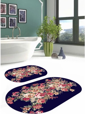 Napoli Home Dijital Yıkanabilir Renkli Çiçek Desenli Oval Banyo Paspası Klozet Takımı, Klozet-66-Lacivert,