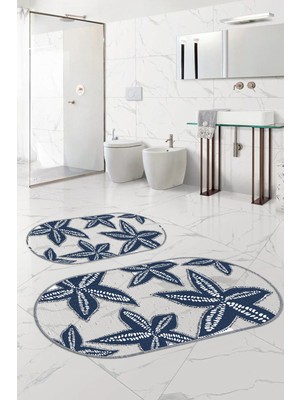 Napoli Home Dijital Yıkanabilir Kaymaz Deniz Yıldızı Oval Banyo Paspası Klozet Takımı, Klozet-71-Lacivert,